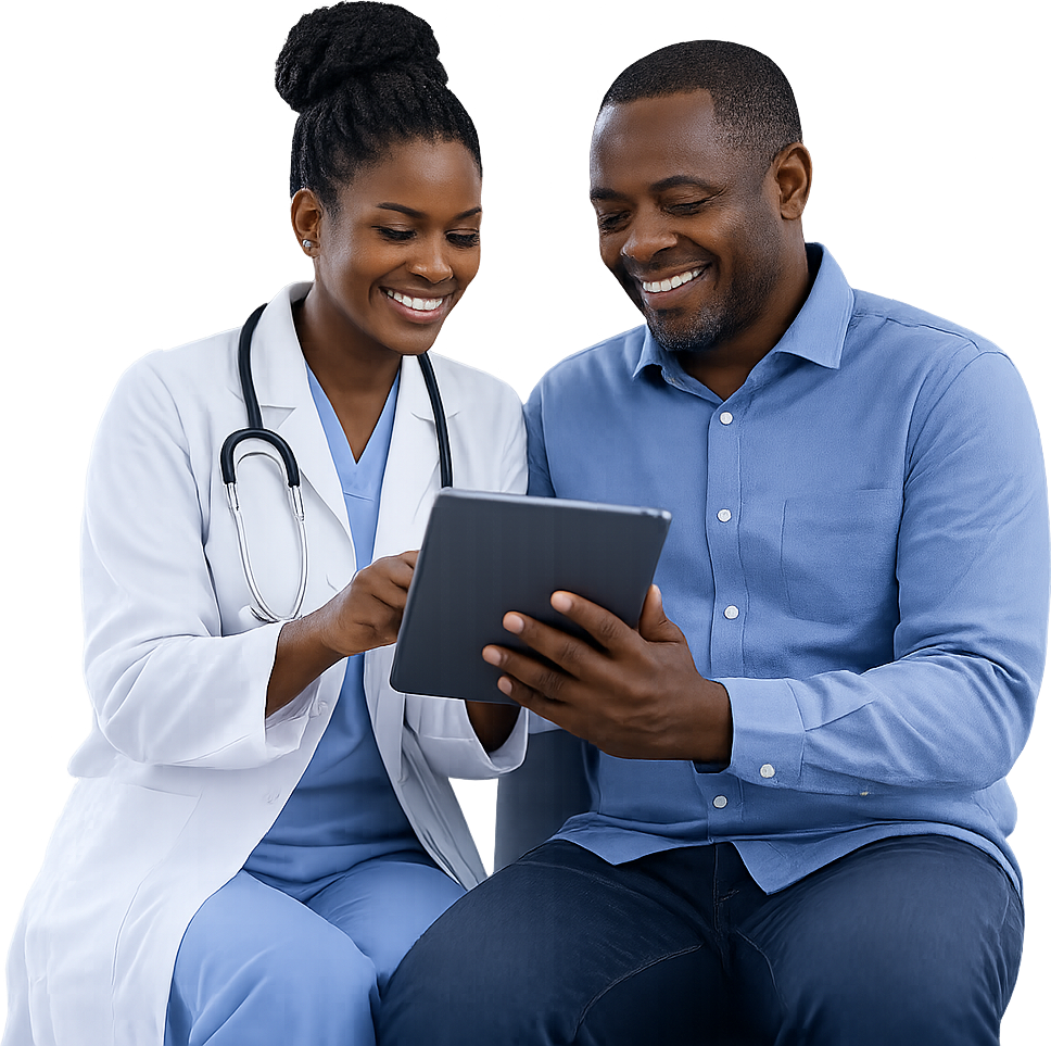 A clinician and patient reviewing health insights on a tablet