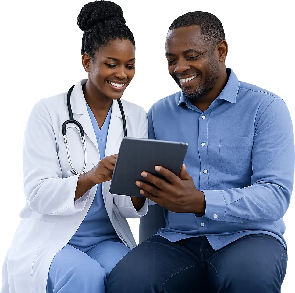 A clinician and patient reviewing health insights on a tablet
