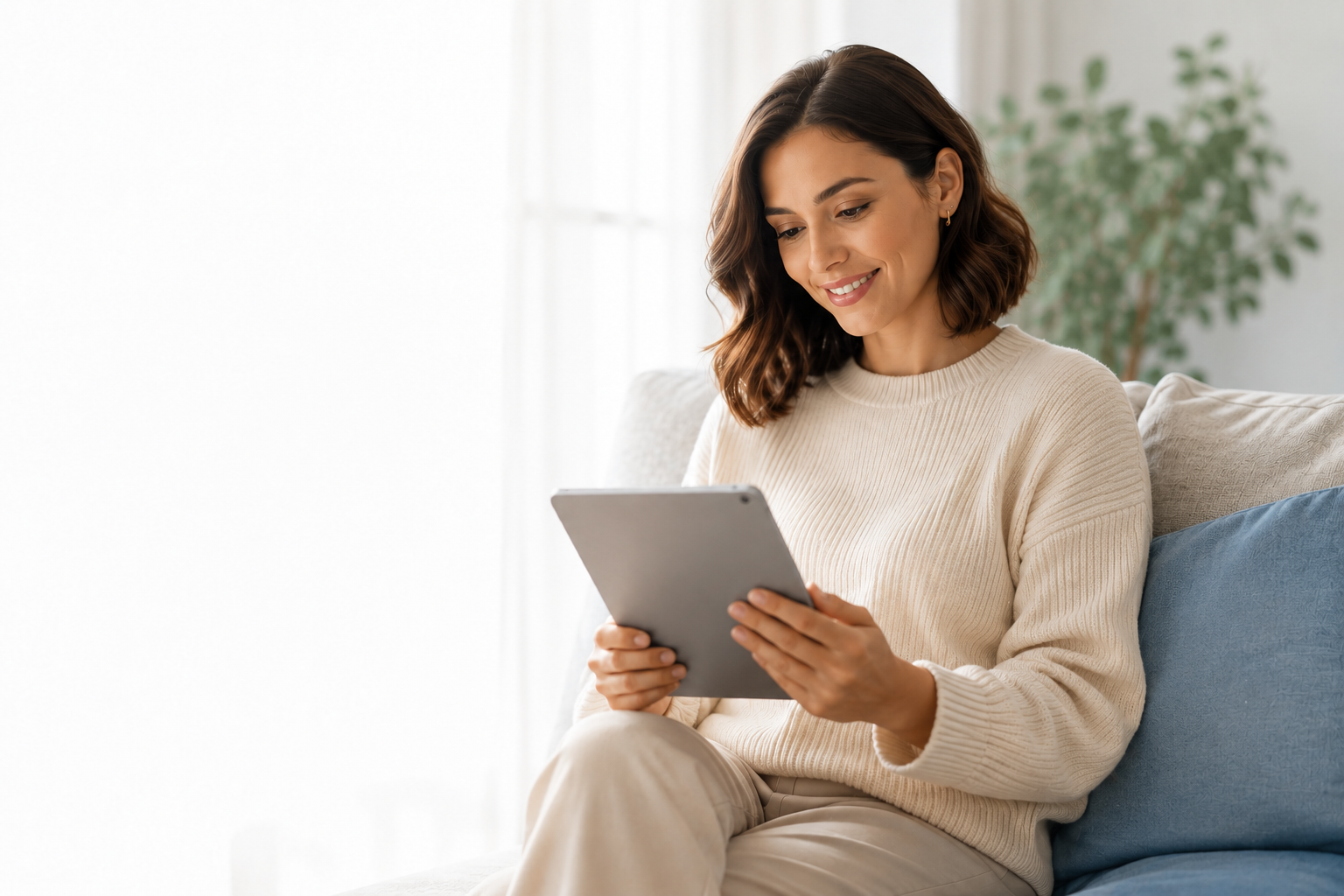 A woman reviewing her health insights on a tablet