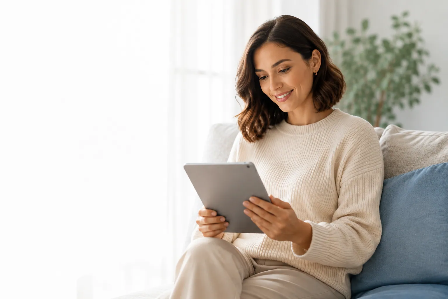 A woman reviewing her health insights on a tablet