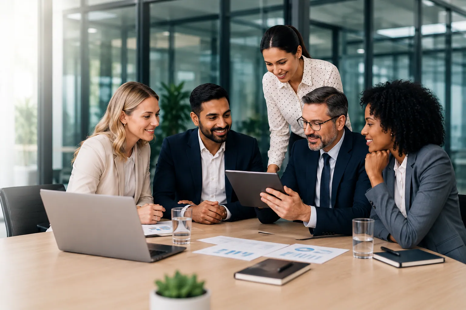 A diverse team of professionals reviewing health insights together in a modern office