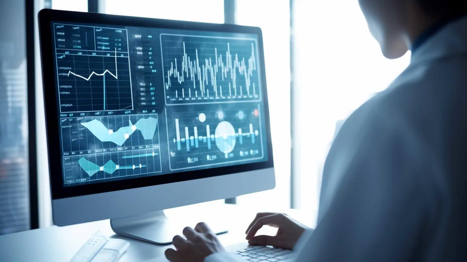 A clinician analysing health data visualisations on screen