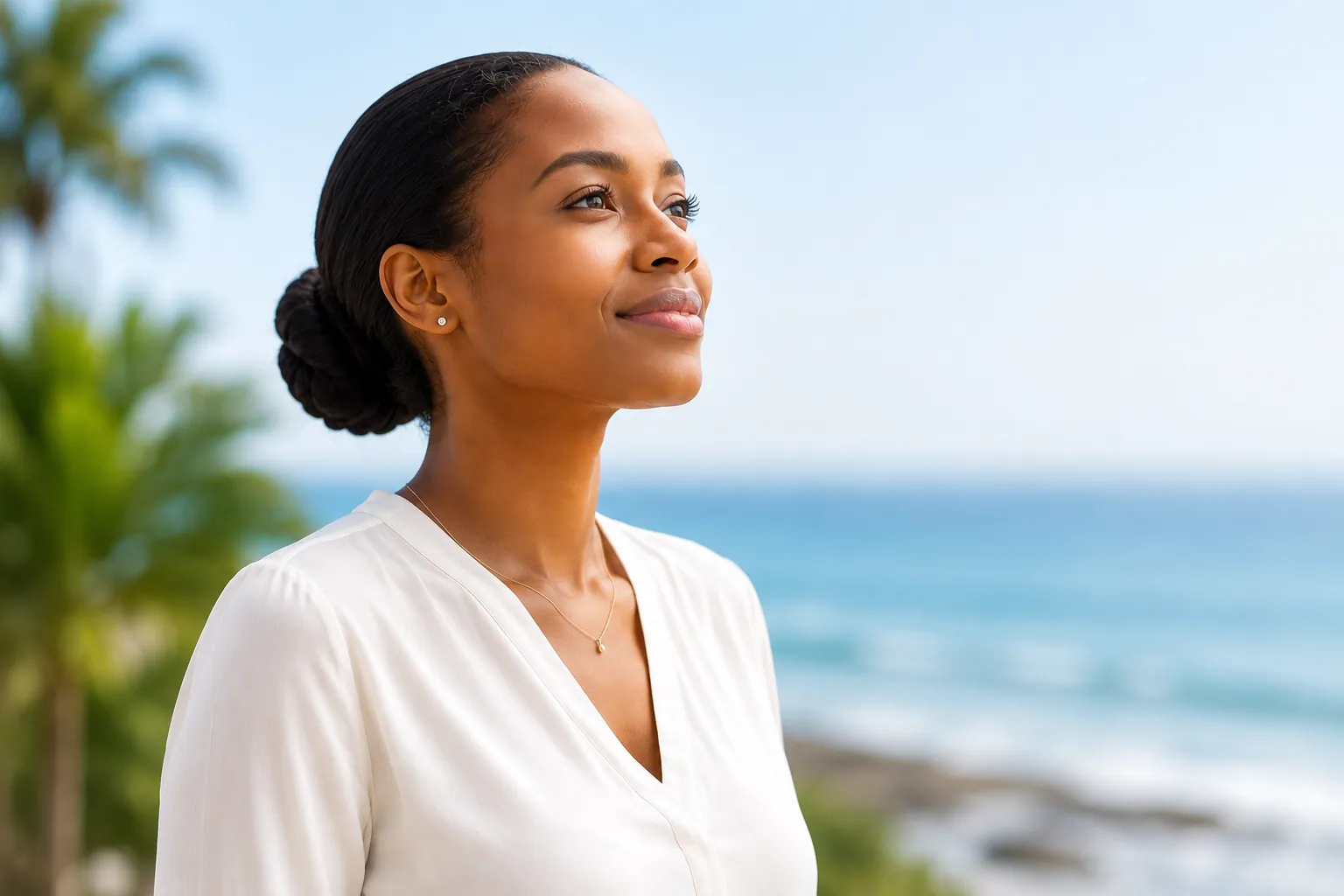 A woman looking calmly into the distance by the sea