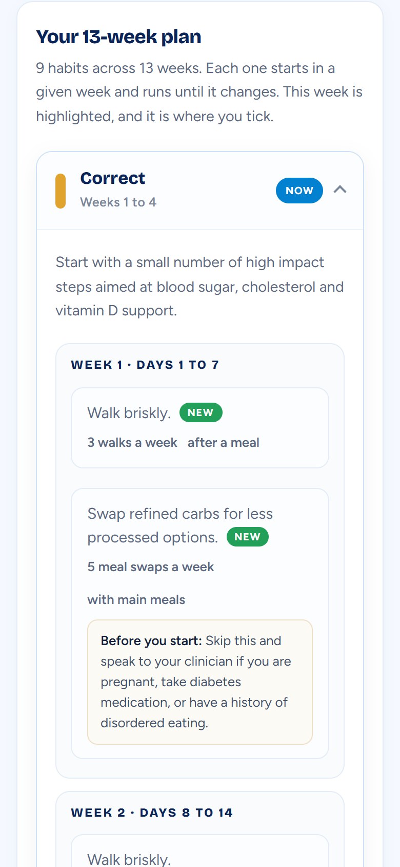 The 13-week view of a plan in our app, shown with sample results: the Correct phase for weeks 1 to 4, open on week 1 with brisk walks and meal swaps.