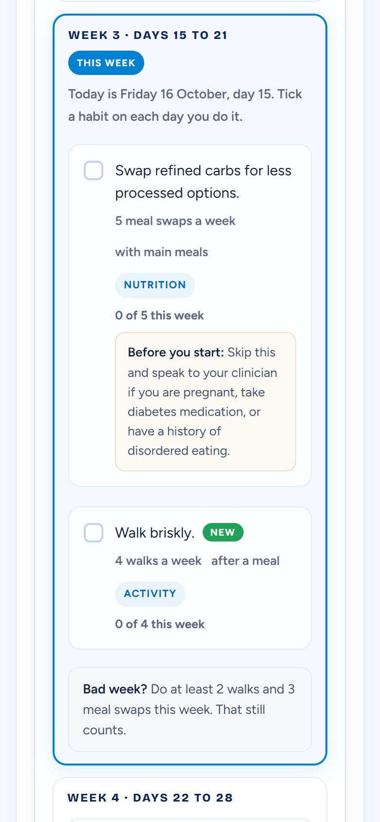 One week of a 90-day plan in our app, shown with sample results: five meal swaps and four brisk walks to tick off as you do them.